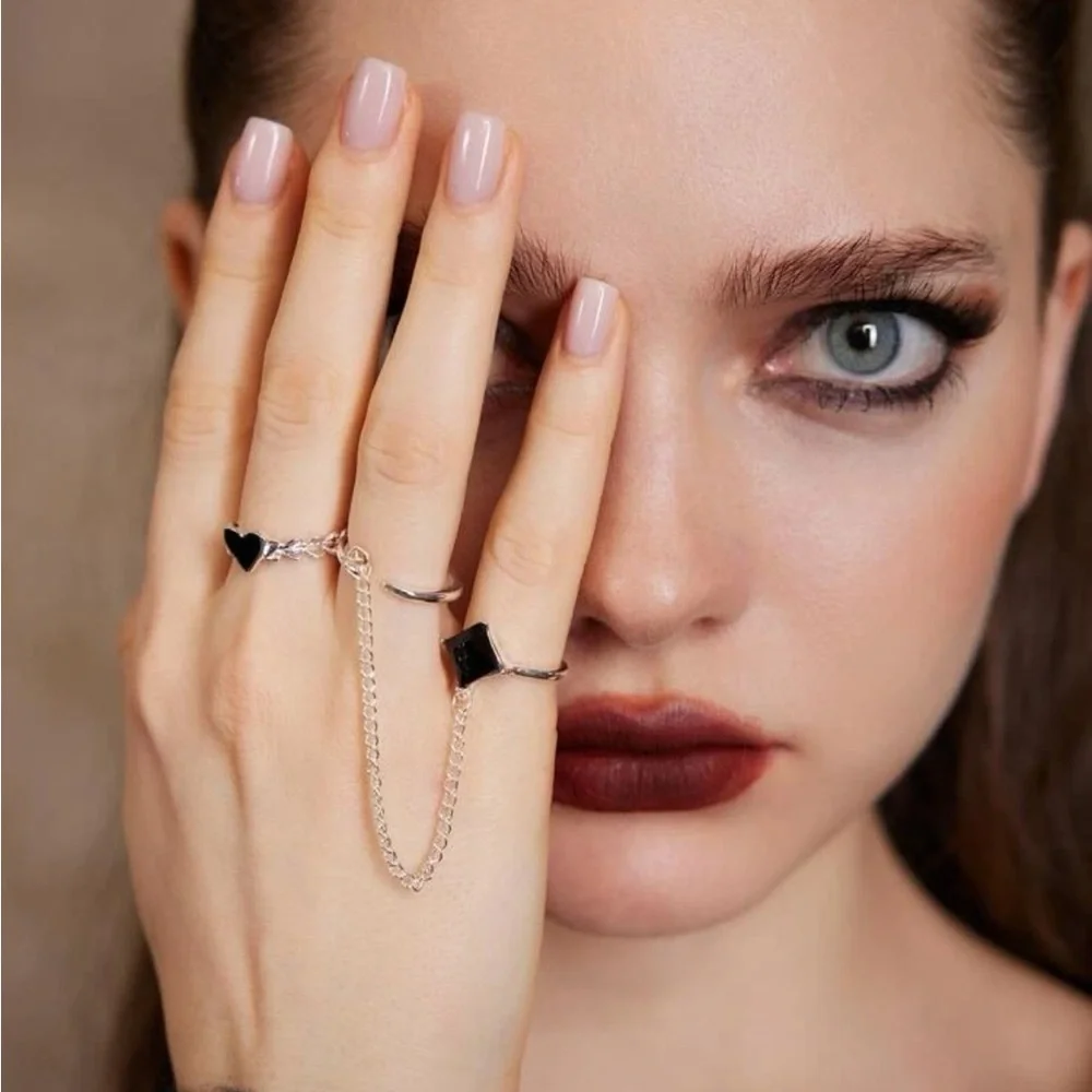Silver 2pc Heart Chain Ring Set